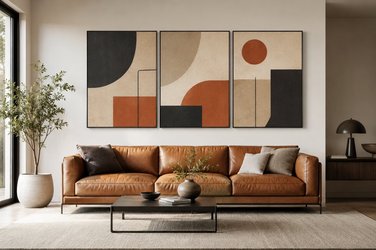 Bộ tranh ba tấm triptych nghệ thuật trừu tượng treo cách đều 4cm trên mảng tường sau sofa hiện đại