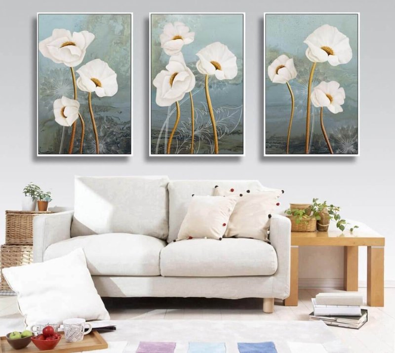Bộ tranh canvas hoa trắng treo phòng khách phong cách Scandinavian mang vẻ đẹp nhẹ nhàng và tinh tế