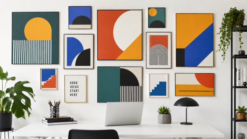 Bộ tranh treo tường hình học color block cho không gian làm việc sáng tạo
