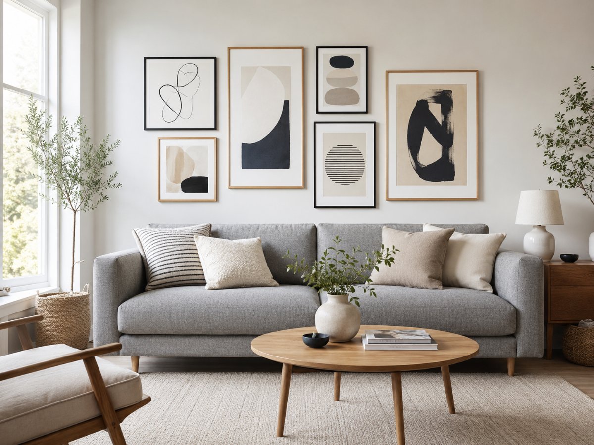 Ý tưởng bài trí tường tranh nghệ thuật Gallery Wall hiện đại phòng khách