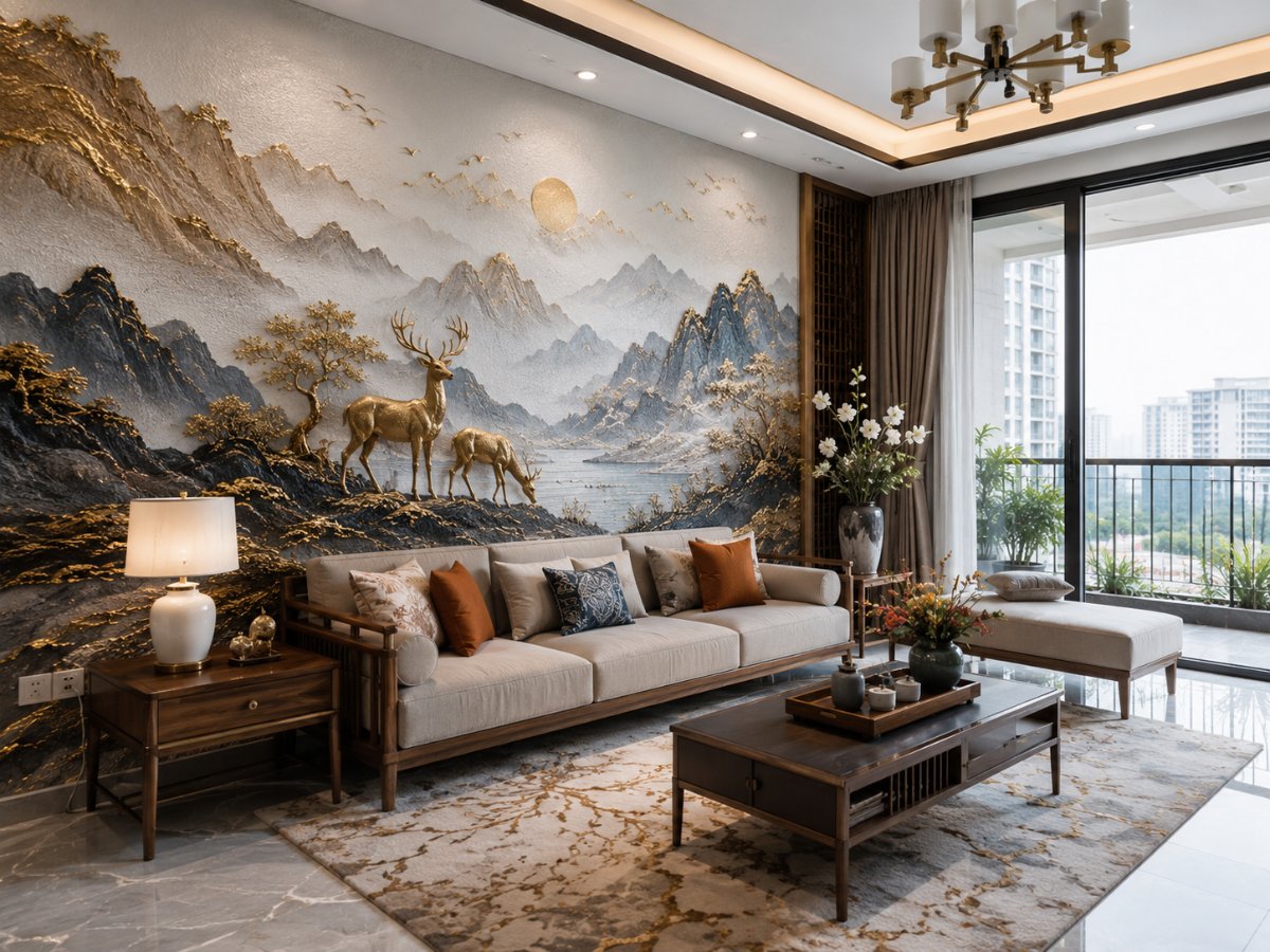 Thực tế thi công tranh dán tường 3D phòng khách trọn gói