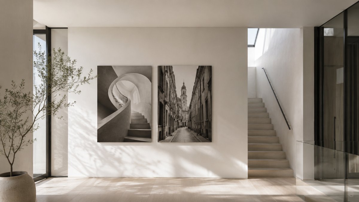 Tranh canvas kiến trúc đô thị đơn sắc đen trắng treo dọc lối đi hành lang tạo chiều sâu tại Artnam Gallery