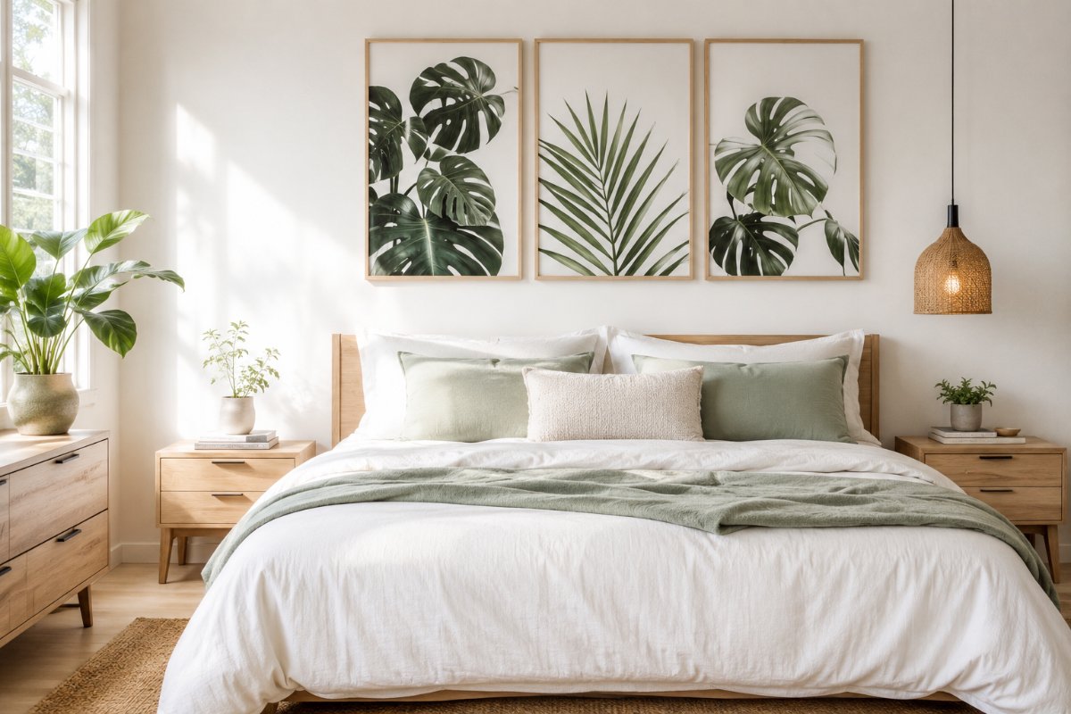 Tranh canvas lá cây nhiệt đới treo phòng ngủ cho người mệnh Mộc