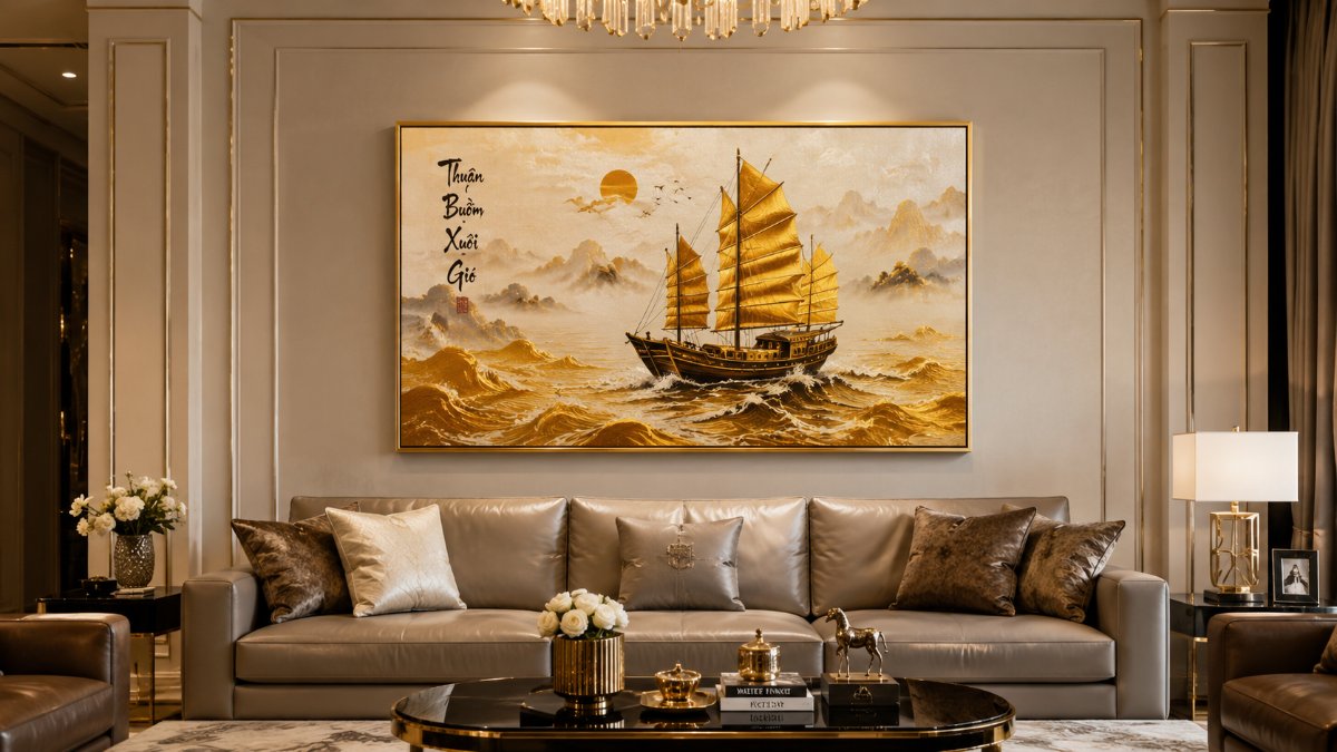 Tranh canvas phong thủy Thuận buồm xuôi gió khổ lớn nguyên tấm khung viền vàng kim cao cấp tại Artnam Gallery