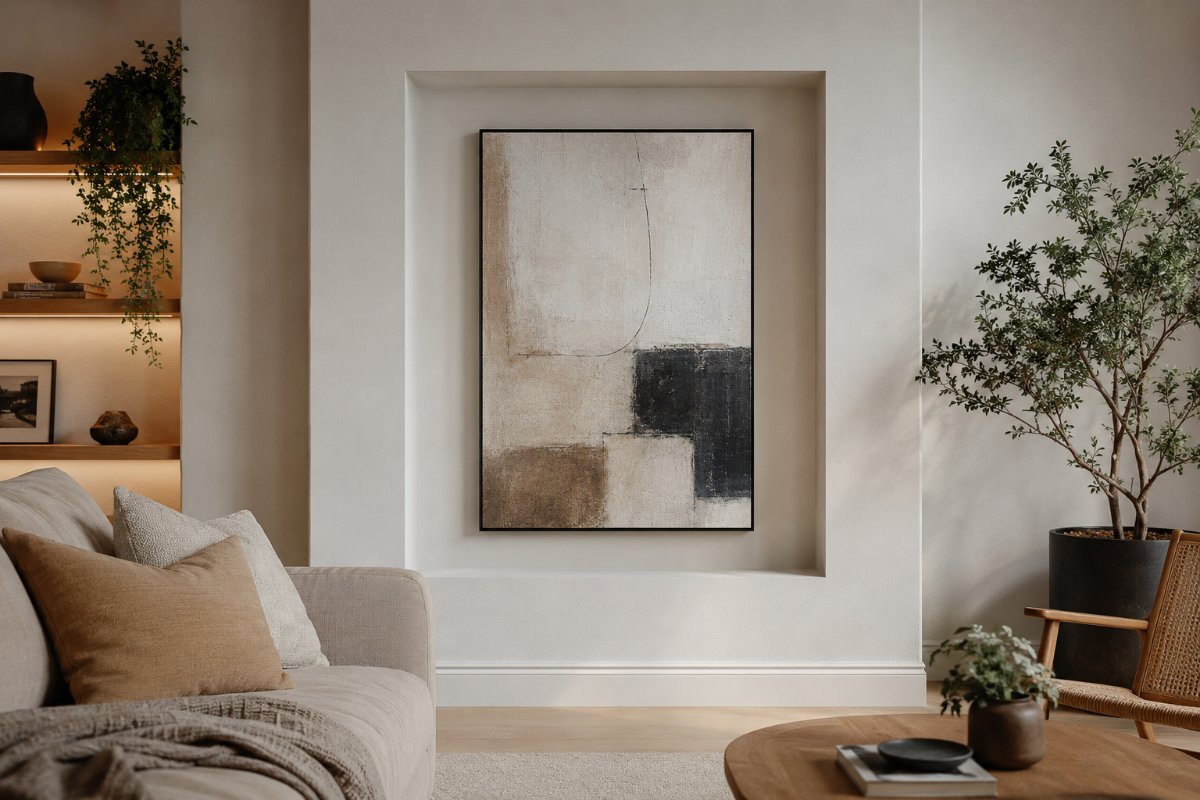 Mẫu tranh canvas phong cách tối giản treo lọt lòng ô âm tường thạch cao phòng khách