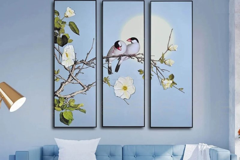 Bộ tranh đôi chim uyên ương treo phòng khách tượng trưng cho hạnh phúc gia đình