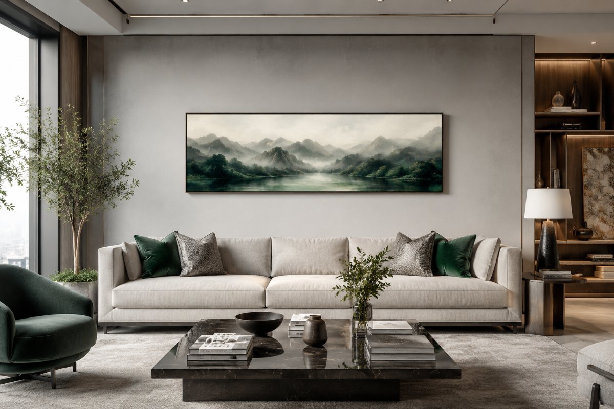 Bức tranh khổ ngang panorama chủ đề phong cảnh treo cân đối phía sau ghế sofa dài phòng khách chung cư
