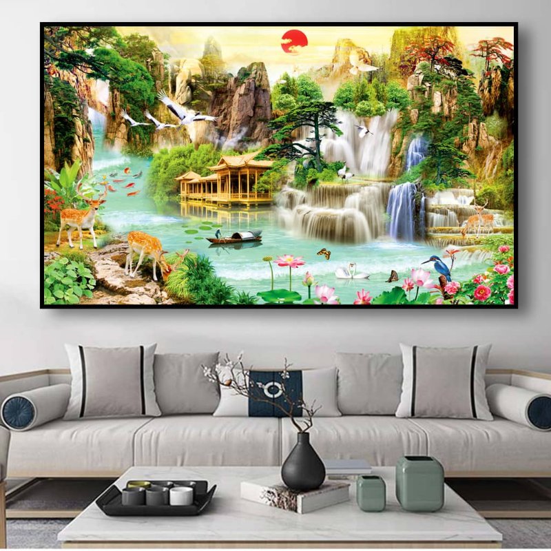 Tranh sơn thủy hữu tình treo phòng khách mang ý nghĩa thu hút vượng khí