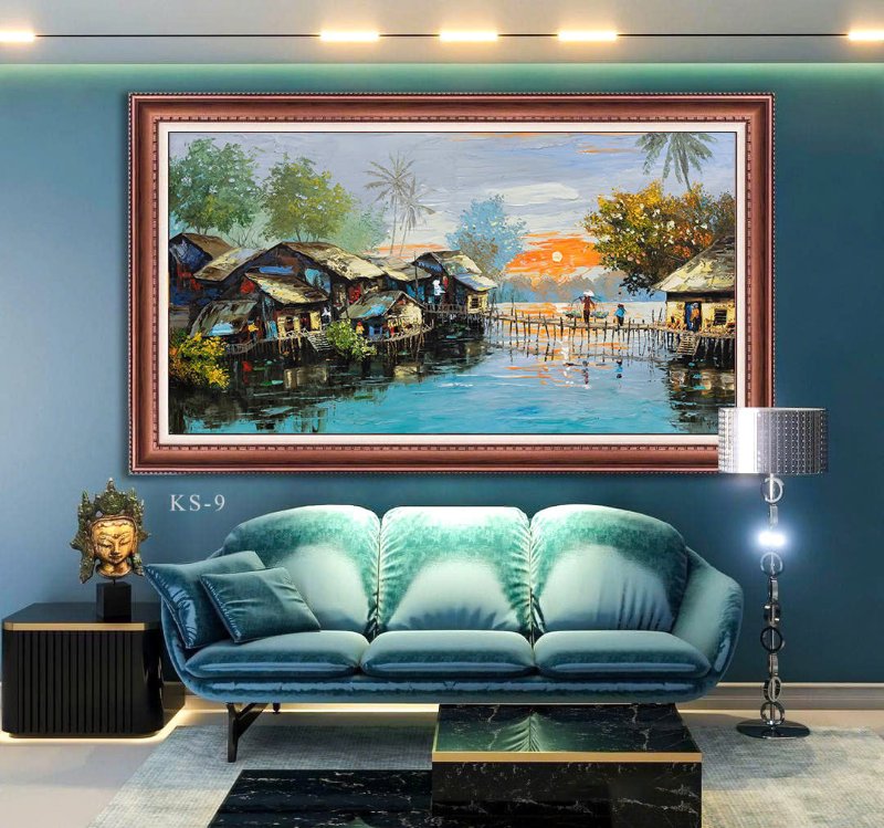 Tranh phong cảnh sông nước làng quê treo phòng khách giúp tăng sinh khí