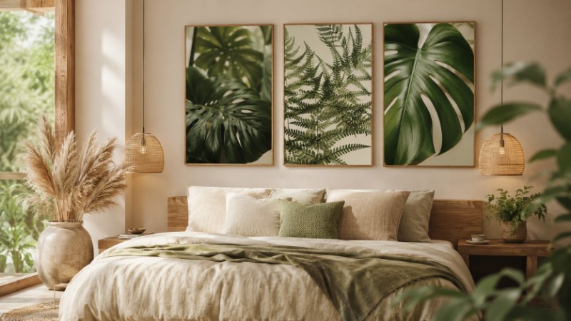 Tranh treo tường lá cây xanh phong cách biophilic design cho phòng ngủ và spa