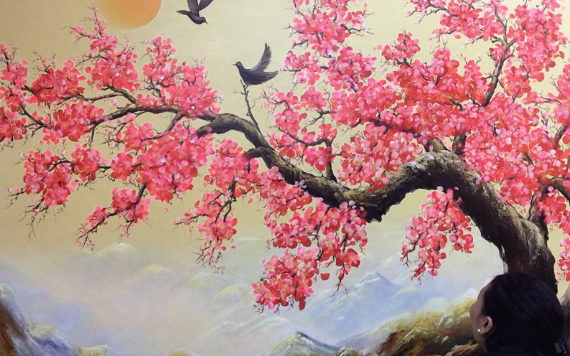Tranh cành hoa đào khoe sắc thắm đón xuân sang