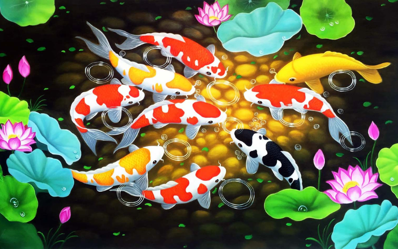 Bức Cửu ngư quần hội mang lại sự sung túc và viên mãn cho gia đình