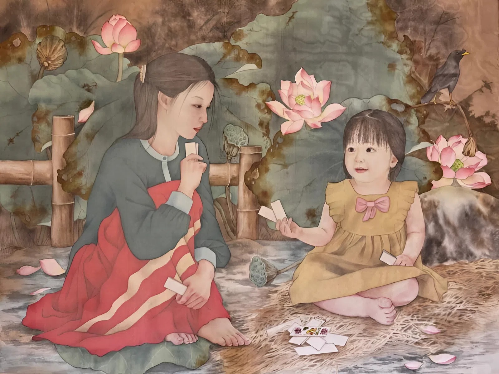 In tranh lụa hình ảnh hai chị em đánh bài bên hoa sen giản dị