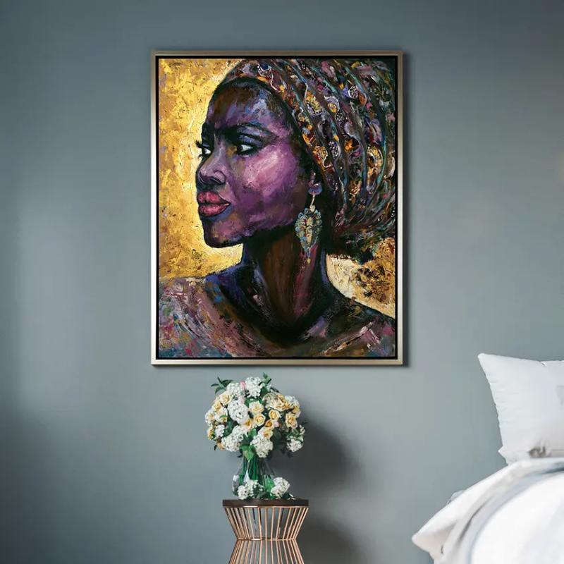 Tranh canvas treo tường hình ảnh cô gái châu phi với các nét cọ mạnh mẽ và màu sắc biểu cảm 