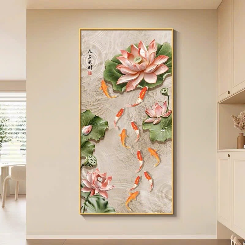 Tranh canvas Cửu ngư quần hội hoa sen hiện đại