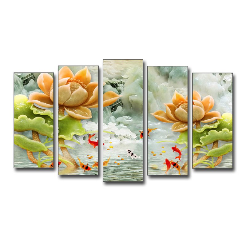 Tranh canvas ghép bộ cá chép hoa sen 5 tấm