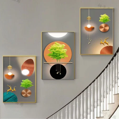Bộ 3 tranh treo cầu thang hươu nghệ thật 3D