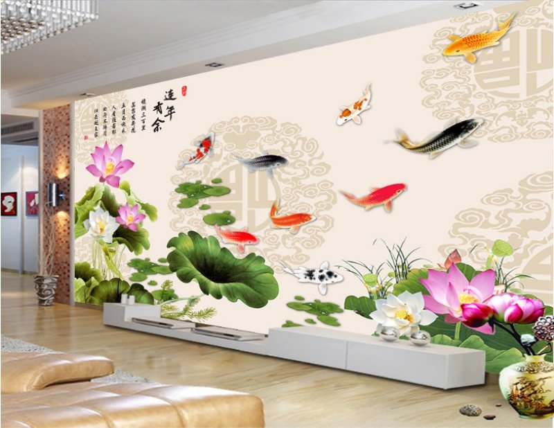 Tranh dán tường 3D cá chép hoa sen phòng khách hiện đại