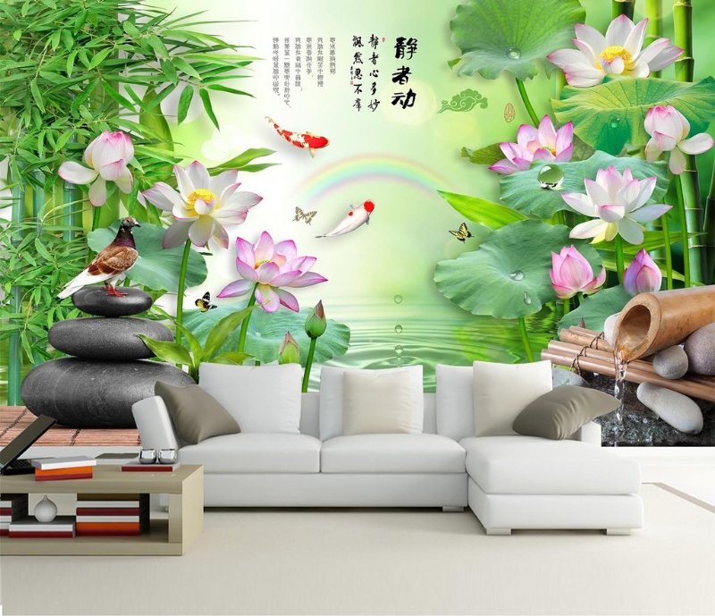 Tranh dán tường 3D đầm sen cá chép phong cách thiên nhiên