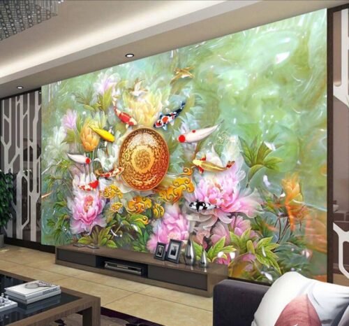 Tranh dán tường 8D Cửu ngư quần hội cho phòng khách