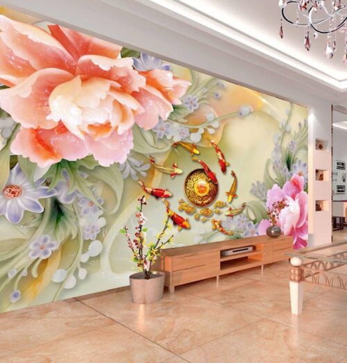 Tranh dán tường 8D phong thủy Cửu ngư quần hội