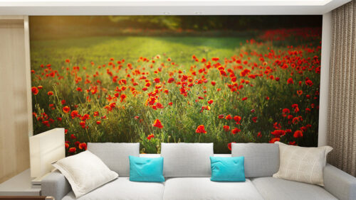 Tranh dán tường phòng khách cánh đồng hoa 3D