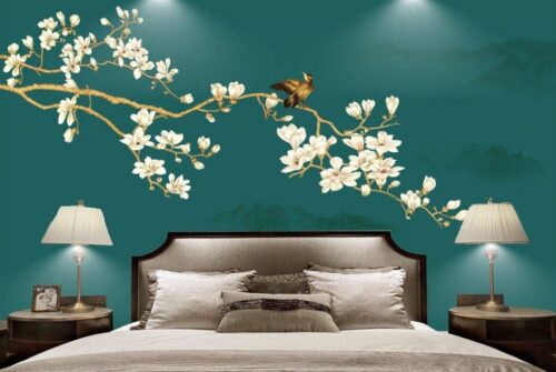 Tranh dán tường 3D phòng ngủ hoa mộc lan trắng
