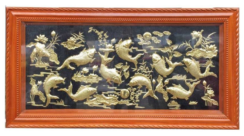 Tranh đồng cá chép hoa sen chạm nổi 3D