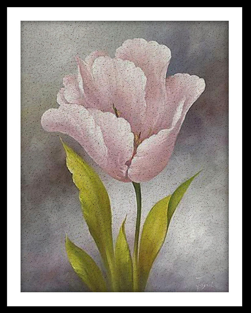 Tranh gạo hoa tulip màu hồng với cánh hoa mềm mại được tạo bằng hạt gạo phối màu tự nhiên