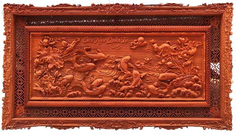 Tranh gỗ cá chép hoa sen gỗ hương cao cấp