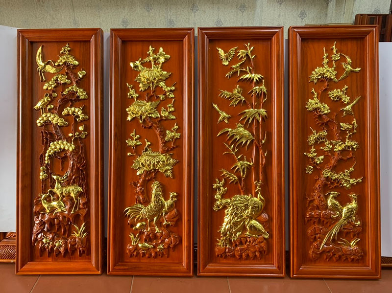 Tranh gỗ tứ quý Tùng Cúc Trúc Mai