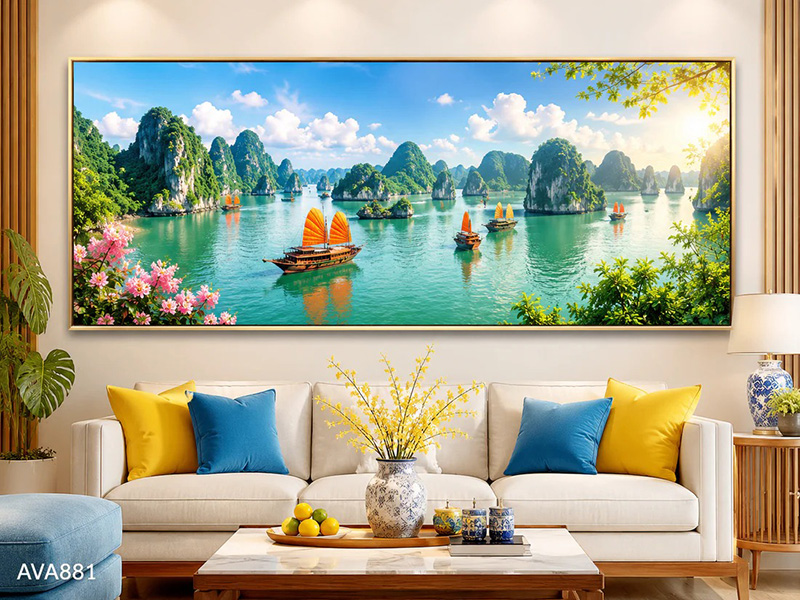 Tranh khổ ngang thuyền buồm trên Vịnh Hạ Long