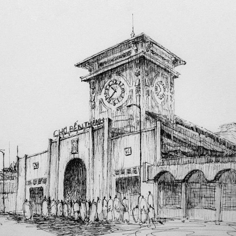 Tranh phong cảnh ký họa Chợ Bến Thành bằng bút chì đen trắng