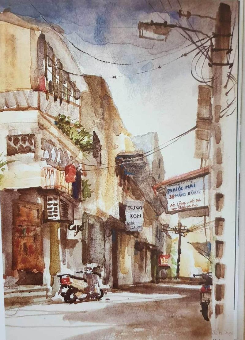 Tranh ký họa màu nước ngõ hẻm Hà Nội với kiến trúc phố cổ Việt Nam