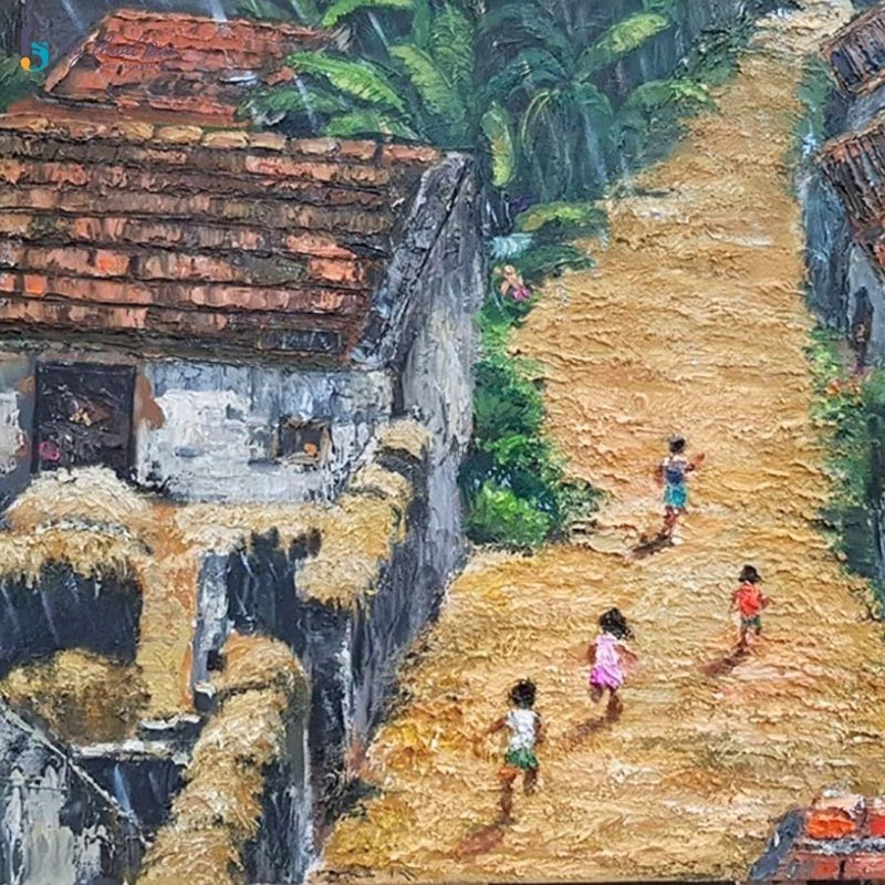 Tranh nghệ thuật về cuộc sống nông thôn với con đường đất, mái nhà cũ và trẻ em vui chơi trong không gian làng quê