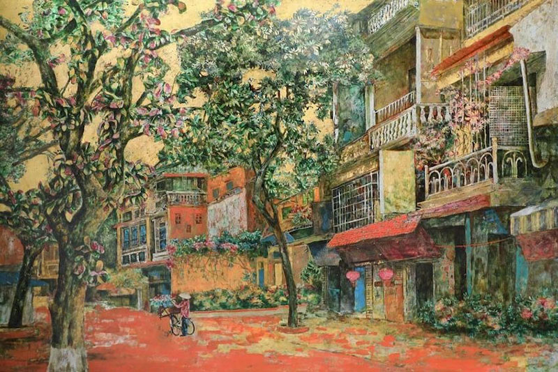 Tranh nghệ thuật phong cảnh đô thị với hàng cây, kiến trúc phố cổ và không gian đường phố nhiều màu sắc