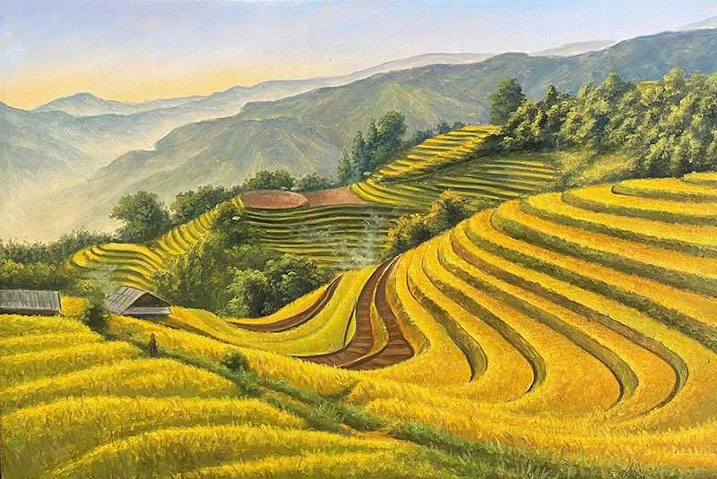 Tranh nghệ thuật phong cảnh ruộng bậc thang với những thửa ruộng uốn lượn giữa vùng núi trong mùa lúa chín