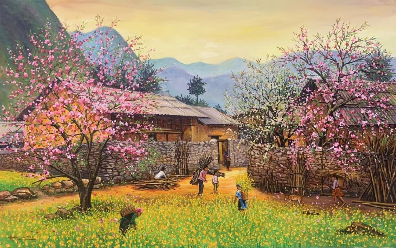 Tranh phong cảnh bản làng Tây Bắc mùa hoa đào nở giữa núi rừng
