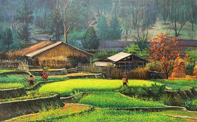 Tranh phong cảnh bản làng vùng cao Tây Bắc với ruộng bậc thang và nếp nhà truyền thống