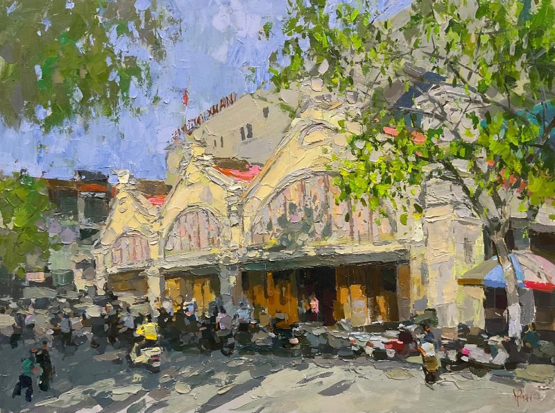 Tranh phong cảnh Chợ Đồng Xuân Hà Nội với kiến trúc cổ và nhịp sống tấp nập