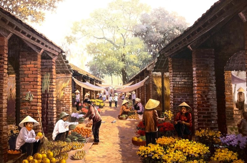 Tranh phong cảnh chợ Tết truyền thống với người dân mua bán hoa và trái cây