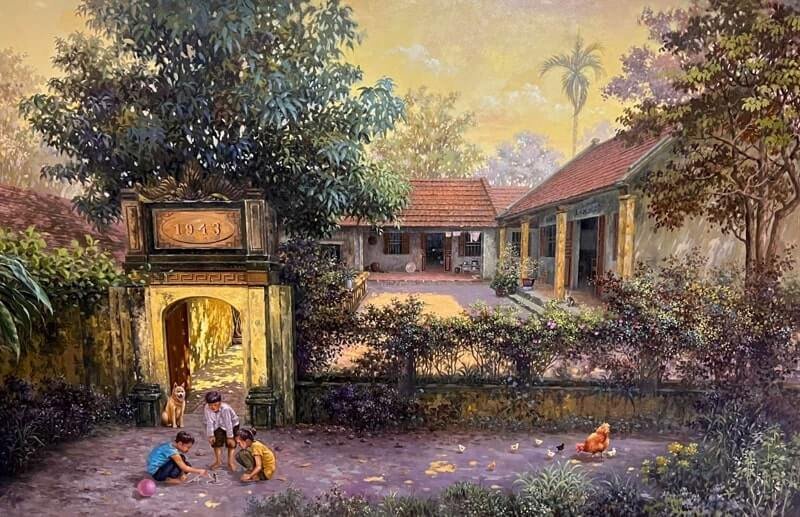 Tranh phong cảnh cổng làng Việt Nam với sân nhà và tuổi thơ bình yên