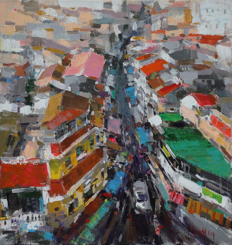 Tranh phong cảnh đô thị Hà Nội nhìn từ trên cao với những dãy phố san sát