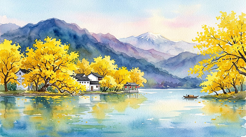 Tranh phong cảnh đơn giản phong cách màu nước với hồ nước, núi xa, hàng cây vàng và ngôi nhà ven hồ tạo chiều sâu