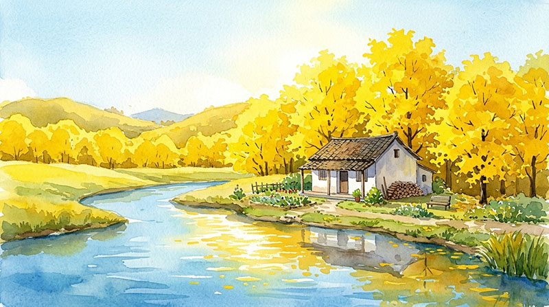 Tranh phong cảnh đơn giản với ngôi nhà ven sông, hàng cây vàng và đường nước uốn cong tạo bố cục cân đối