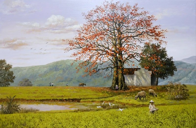 Tranh phong cảnh đồng lúa và cây gạo cổ thụ tại làng quê Việt Nam