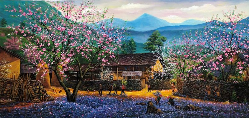 Tranh phong cảnh hoa đào nở bên bản làng giữa núi rừng Tây Bắc