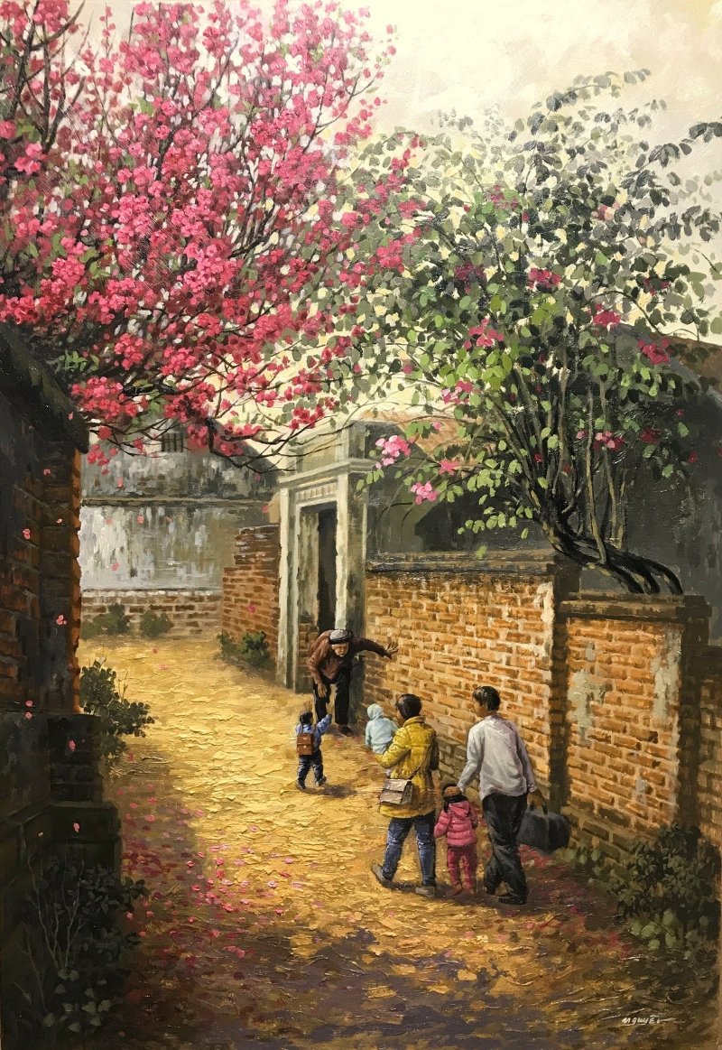Tranh phong cảnh hoa đào nở trước cổng làng trong ngày Tết cổ truyền