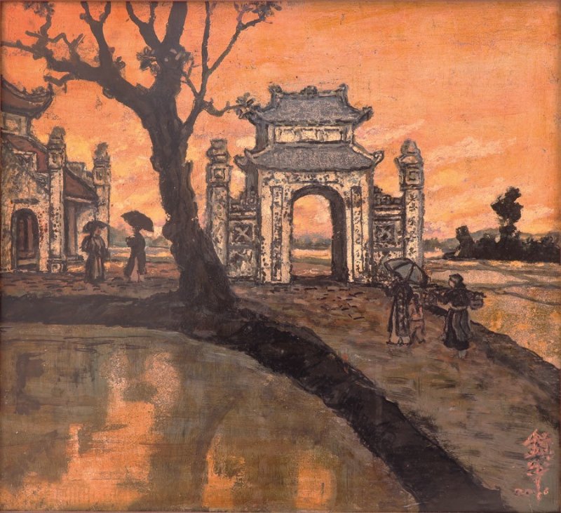 Tranh phong cảnh cổng làng cổ và khung cảnh lễ hội truyền thống Việt Nam