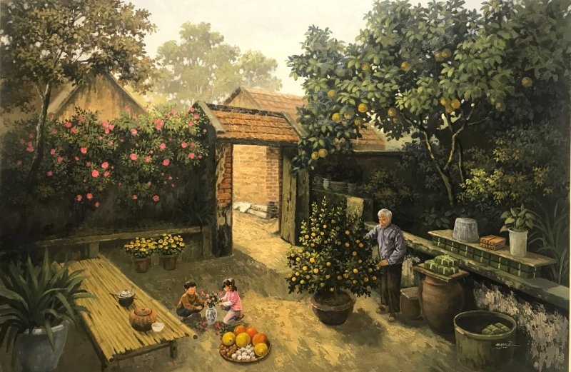 Tranh phong cảnh sân nhà ngày Tết với cây quất, hoa đào và trẻ nhỏ vui chơi